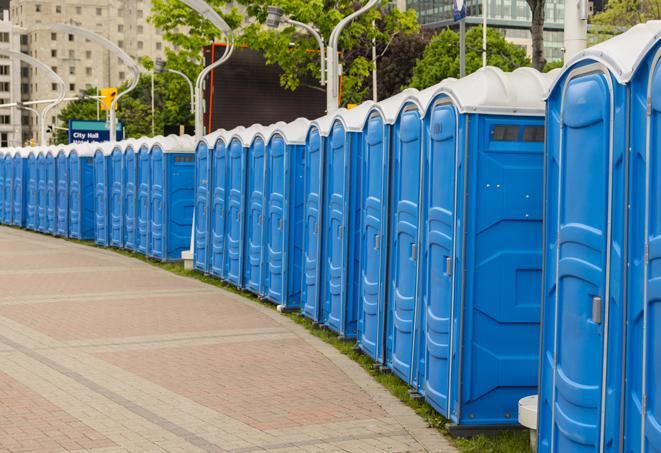 Seasonal porta potty units set up at a Manteca, California venue