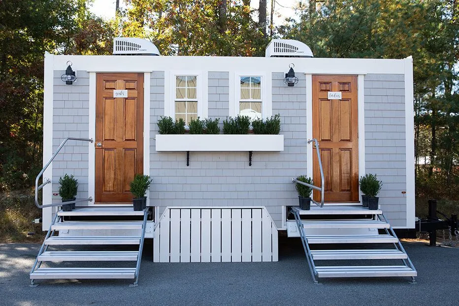 Wedding restroom units discretely staged at a venue in Manteca, California